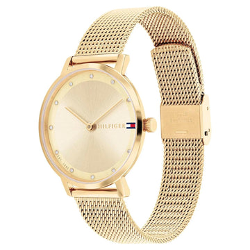 Γυναικείο ρολόι Tommy Hilfiger Pippa 1782728 με χρυσό ατσάλινο μπρασελέ και χρυσό καντράν διαμέτρου 34mm με ζιργκόν στο στεφάνι.